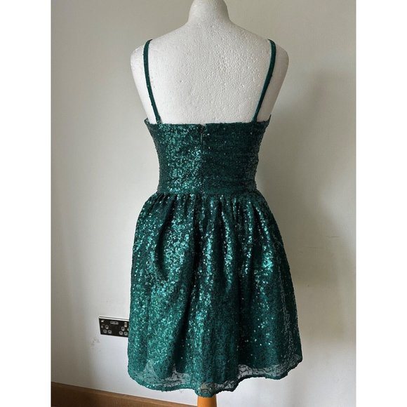 Stephanie Pratt Sequin Mesh Insert Mini Skater Dress Size 10 Emerald - Picture 4 of 4